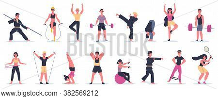 Fitness Sport Activities. People Training, Male Female Characters Performing Sport, Martial Arts And