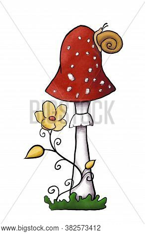 Illustration Of Redcap Fly Agaric With Yellow Flower And Snail On Green Grass. Hand-drawn Poisonous 