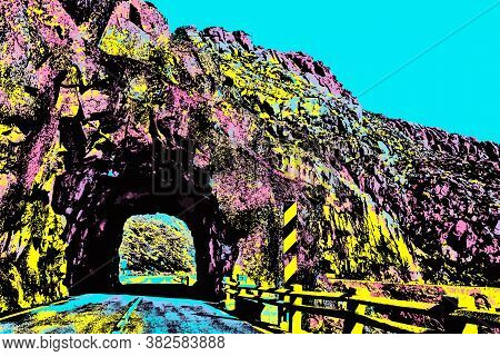 Road Passing Through Tunnel Dug On Rock At The Serra Da Estrela. The Highest Mountain Range In Conti