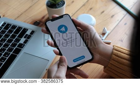 Chiang Mai, Thailand May 6 2020 : Telegram Application Icon On Apple Iphone Xs Screen Close-up. Tele