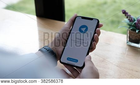 Chiang Mai, Thailand May 6 2020 : Telegram Application Icon On Apple Iphone Xs Screen Close-up. Tele