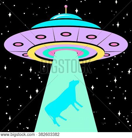 Ufo Poster Or Banner. Unidentified Flying Object And Cow. Vector Illustration For Sticker Or Web.