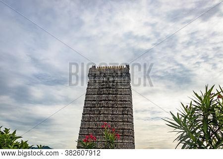 Rajagopuram Isolated Temple Entrance At Murdeshwar With Flat Sky From Unique Different Angles