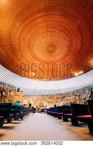 Helsinki, Finland - December 7, 2016: Interior Of Lutheran Temppeliaukio Church Also Known As Church