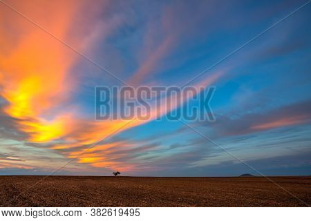 Amazing Sunset On The Empty Field After Harvesting. Czech Republic. Amazing Sunset In Czech Bohemian