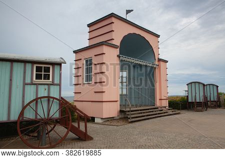 Historic Bathing Cars On The Promenade, Bansin Beach Resort, Germany. Funny Bathing Cabin On Usedom 