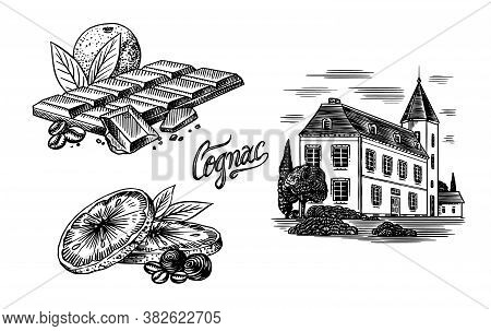 Alcohol Production Plant. Cognac Castle. Chocolate Bar With Orange And Citrus. Engraved Hand Drawn V