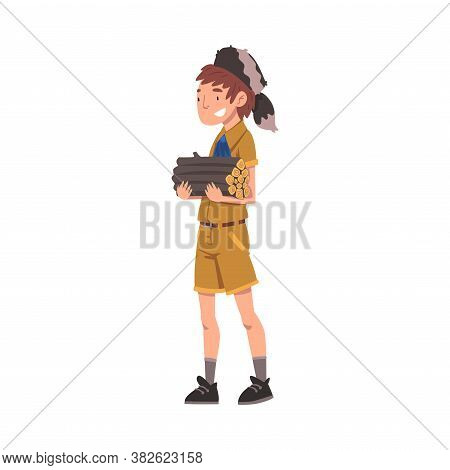 Scout Boy With Firewood, Scouting Kid Character Wearing Uniform, Neckerchief And Coonskin Cap, Summe
