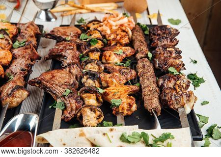 Assorted Caucasian Skewers Shashlyq Set With Meat And Vegetables