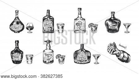 Bottles Of Tequila, Liqueur And Cognac. Set Of Glass Shots And Goblets. Retro Poster Or Banner. Engr