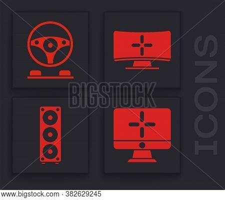 Set Computer Monitor, Racing Simulator Cockpit, Computer Monitor And Stereo Speaker Icon. Vector