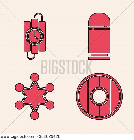 Set Round Wooden Shield, Dynamite Stick And Timer Clock, Cartridges And Police Badge Icon. Vector