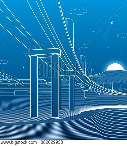 Outline Road Bridge. Car Overpass. Train Rides. Infrastructure Illustration. Vector Design Art. Whit