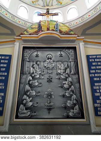 Medan, Sumatra, Indonesia, January 9, 2018: Mural Of The Last Supper Of Jesus With The Apostles On T