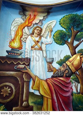 Medan, Sumatra, Indonesia, January 9, 2018: Mural In Graha Maria Annai Velangkanni Church. Medan. In