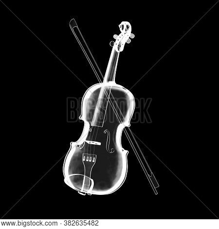 X-ray Image Of Classical  Violin With Bow On A White Background. 3d Rendering