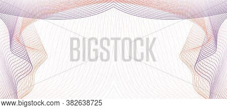 Purple, Orange Symmetric Vignette. Guilloche As Draped Textile. Elegant Frame. Vector Abstract Backg