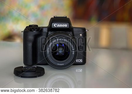 Frankfurt, Germany - 26th August 2020: A German Photographer Takes Pictures Of His Old Canon Eos M50