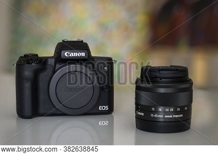 Frankfurt, Germany - 26th August 2020: A German Photographer Takes Pictures Of His Old Canon Eos M50
