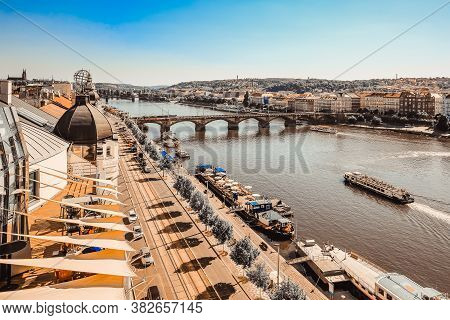 Prague, Czech Republic - August 7, 2017: Panoramic View Of Old Town. Palacky Bridge Over Vltava Rive