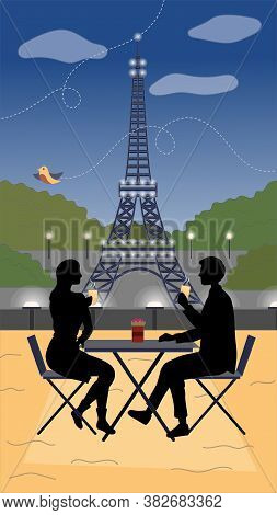 Evening In Paris Concept. Male And Female Silhouettes Sitting At The Table Outside Drinking Flavored