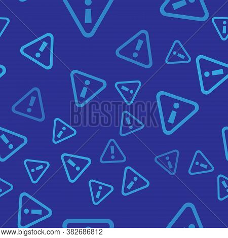Blue Exclamation Mark In Triangle Icon Isolated Seamless Pattern On Blue Background. Hazard Warning 