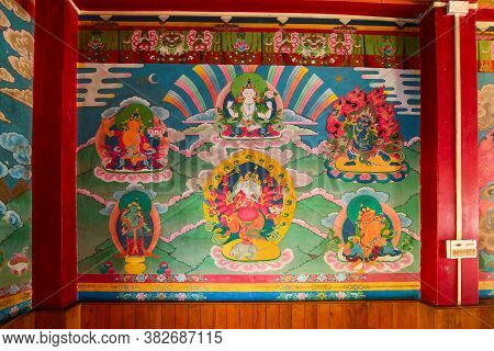 Rinchenpong, Sikkim, India - 17th October 2016 : Decoated Murals Of The Wall , Depicting Life Cycles