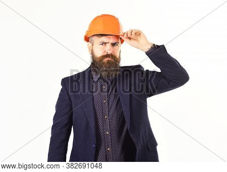 Construction Manager In Helmet Standing Isolated On White Background