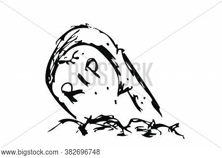 Vector Doodle Hand Draw Sketch, Christian Stone Grave And Grass, Isolated On White.