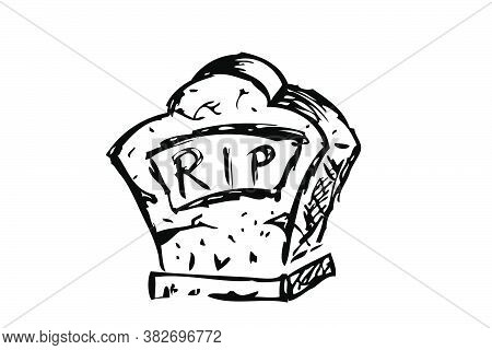 Vector Doodle Hand Draw Sketch, Christian Stone Grave And Grass, Isolated On White.