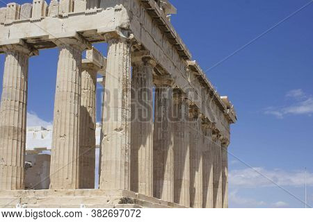Athens, Greece - August 13 2016: Architectural Detail Of The Parthenon And The Skyin Athens Acropoli