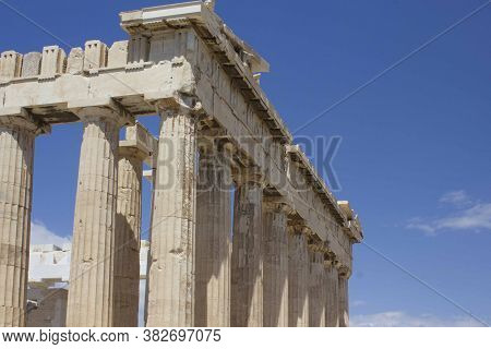 Athens, Greece - August 13 2016: Architectural Detail Of The Parthenon And The Skyin Athens Acropoli