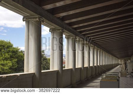 Athens, Greece - August 13 2016: Fisrt Floor Of The Stoa Of Attalos In Athens Agora, Greece