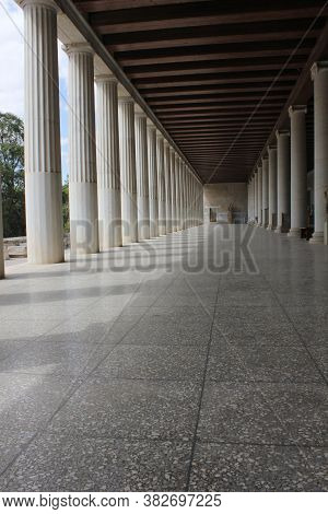 Athens, Greece - August 13 2016: Corridor Of The Main Floor Of The Stoa Of Attallos Monument In Athe