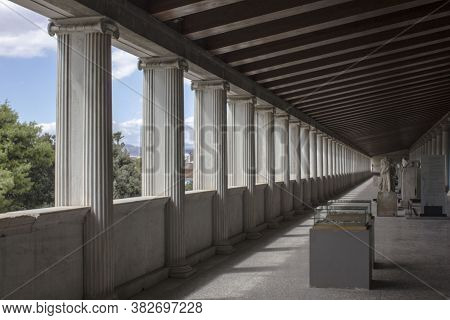 Athens, Greece - August 13 2016: Fisrt Floor Of The Stoa Of Attalos In Athens Agora, Greece