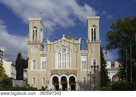 Athens, Greece - August 13 2016: The Metropolitan Cathedralof Annunciation In Athens, Greece, With A