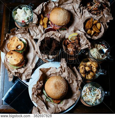 Great Menu For Beer Party With Friends. Burger, Sandwich, Salad, French Fries, Bread Croutons, Meat 