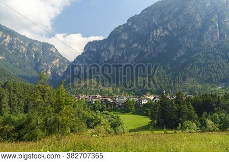 Mountain Landscape At Tesero In The Fiemme Valley, Dolomites, Trentino Alto Adige, Italy, At Summer
