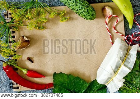 Pickled Cucumbers Background. Cucumbers, Dill, Peppers, Spices, Peppercorns, Horseradish Leaves, Cur