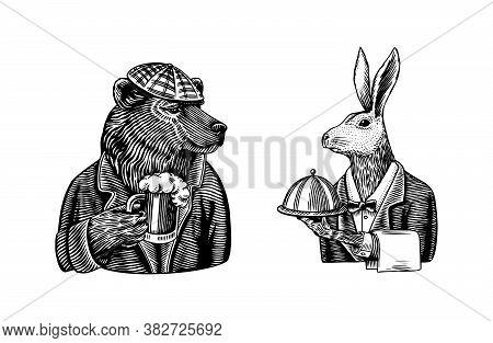 Grizzly Bear With A Beer Mug. Hare Waiter. Brewer With A Glass Cup. Fashion Animal Character. Rabbit