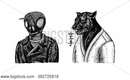 Black Panther Wrestler Or Cat Fighter And Bee Biker. Japanese Text Means: Karate. Fashion Animal Cha