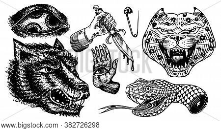 Set Of Fashion Patches. Tattoo Artwork. Mystical Magic Hand. And Snake. Esoteric Dagger, Leopard And