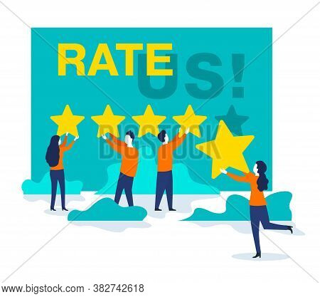 Rate Us! Small People Leave 5 Stars Positive Feedback - Creative Isolated Illustration