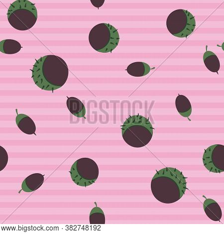 Horse Chestnuts And Acorns Seamless Vector Pattern On Pink. Autumn Plants Seasonal Surface Print Des