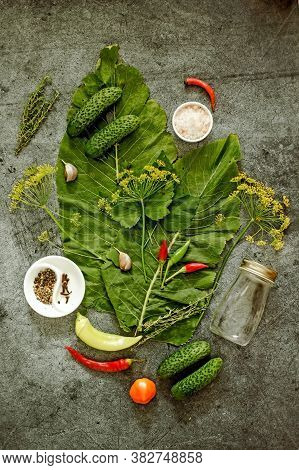 Pickled Cucumbers Background. Cucumbers, Dill, Peppers, Spices, Peppercorns, Horseradish Leaves, Cur