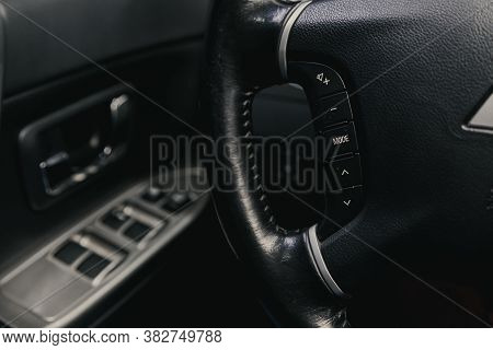 Novosibirsk/ Russia - August 25  2020: Mitsubushi Pajero, 
New Black Steering Wheel With Multifuncti