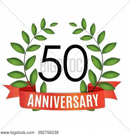 50 Years Anniversary Template With Red Ribbon And Laurel Wreath Vector Illustration