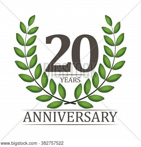 20 Years Anniversary Template With Red Ribbon And Laurel Wreath Vector Illustration