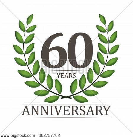 60 Years Anniversary Template With Red Ribbon And Laurel Wreath Vector Illustration