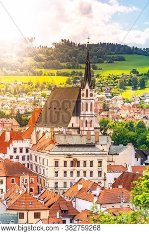 St Vitus Church In The Middle Of Historical City Centre. Cesky Krumlov, Southern Bohemia, Czech Repu